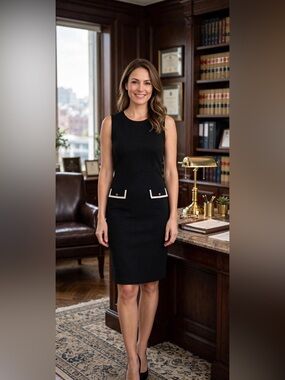 Carmen Marc Valvo Black Midi Sheath Dress with White Pocket Trim